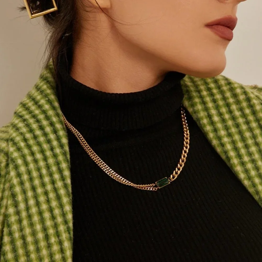 New 18K Gold Plated Link Chain Green Gemstone Necklace
